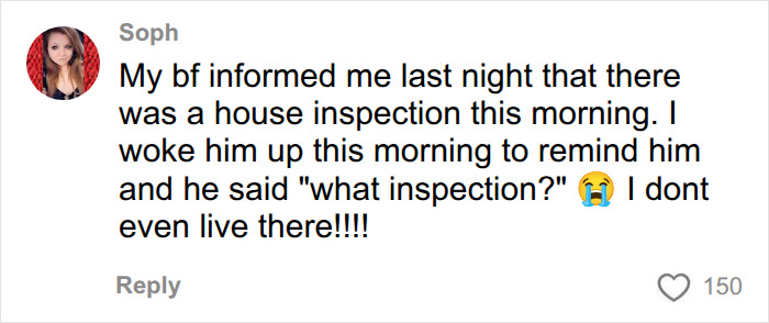 A social media post from Soph detailing a boyfriend's forgetfulness about a house inspection, highlighting mental load. A social media post from Soph detailing a boyfriend's forgetfulness about a house inspection, highlighting mental load.