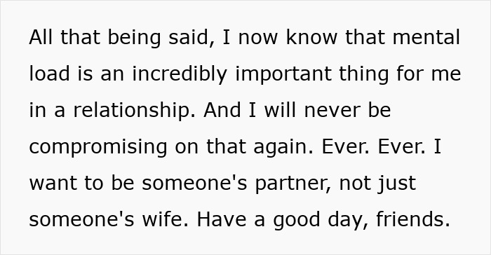 A woman's viral take on mental load about never compromising on mental load in relationships again. A woman's viral take on mental load about never compromising on mental load in relationships again.