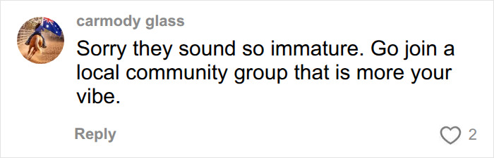 A comment advising a mom to join a local community group that is more her vibe to make new friends. A comment advising a mom to join a local community group that is more her vibe to make new friends.