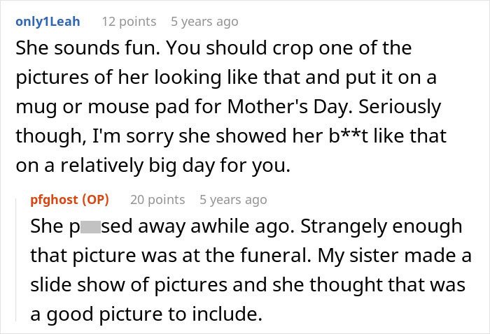 A Reddit comment describing the ex-wife's picture at the daughter's graduation BBQ. A Reddit comment describing the ex-wife's picture at the daughter's graduation BBQ.