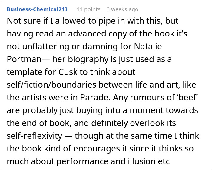 A detailed comment on Natalie Portman's new book, clarifying it's not unflattering, but explores self/fiction boundaries.