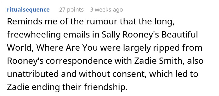 A comment discussing a rumor about Sally Rooney's emails, drawing parallels to Natalie Portman's unflattering book.