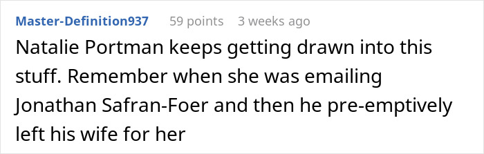 A comment about Natalie Portman's history, referencing an email incident with Jonathan Safran-Foer and her alleged diva reputation.
