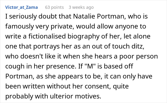 A Reddit comment about Natalie Portman's private nature and the unflattering book portrait of her diva reputation.