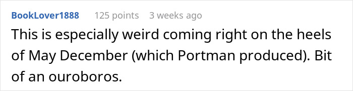 Screenshot of a Reddit comment linking the discussion to Natalie Portman's role in the movie May December.