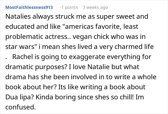 Screenshot of a Reddit comment expressing confusion about a book portraying Natalie Portman unflatteringly, given her perceived sweet image.