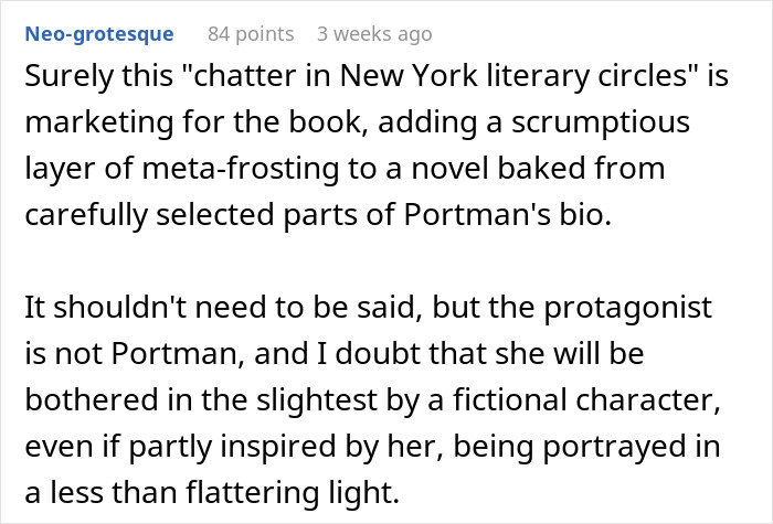 Screenshot of a Reddit comment suggesting the chatter about Natalie Portman's unflattering portrayal is book marketing, not about Portman herself.