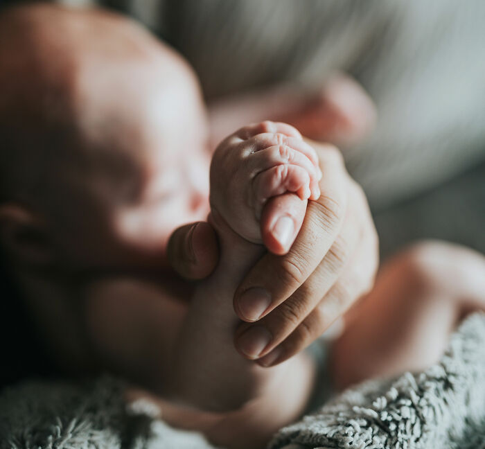 A close-up of a tiny baby's hand grasping an adult's finger, symbolizing the surrogate's fight to save the baby.