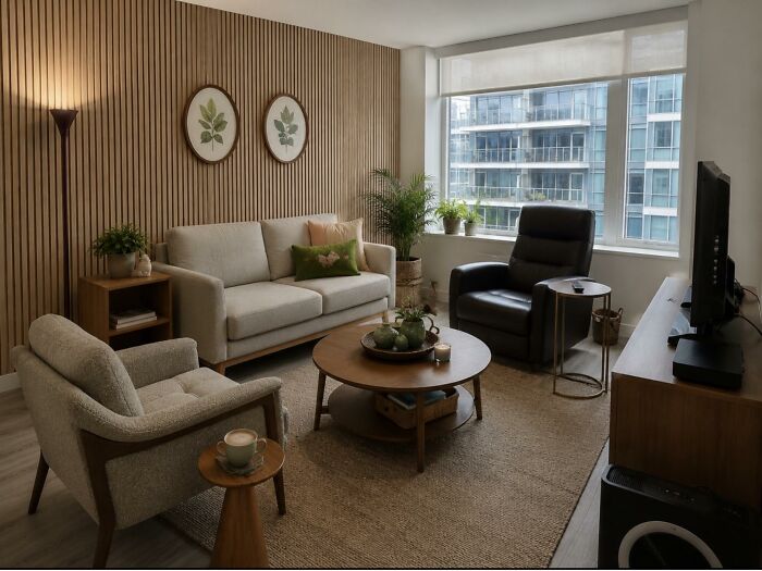A cozy living room with a light-colored sofa, armchair, and wooden accent wall, displaying home design choices.