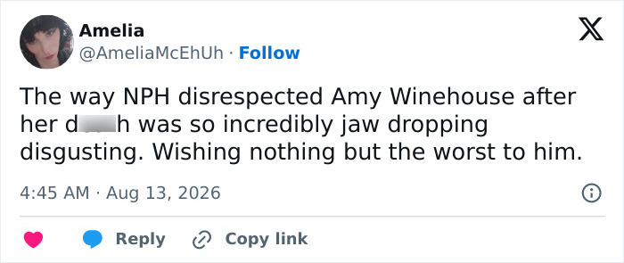 Screenshot of a tweet expressing disgust over the star's actions regarding Amy Winehouse.