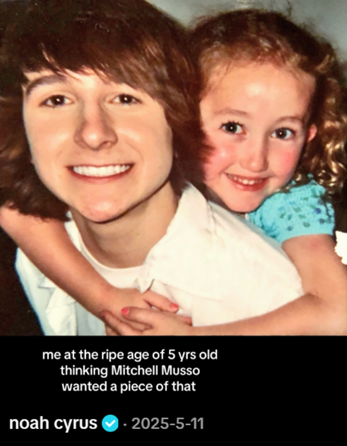 Miley Cyrus' little sister, Noah Cyrus, as a young child hugging an older boy, likely Mitchell Musso. Miley Cyrus' little sister, Noah Cyrus, as a young child hugging an older boy, likely Mitchell Musso.