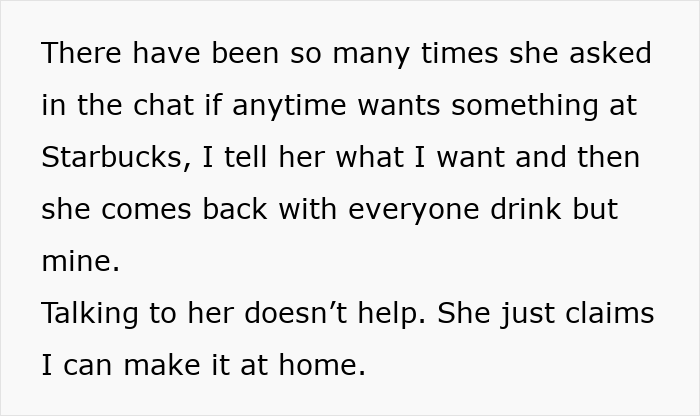 A screenshot of text about MIL not getting DIL's coffee order and demanding an apology from her son.