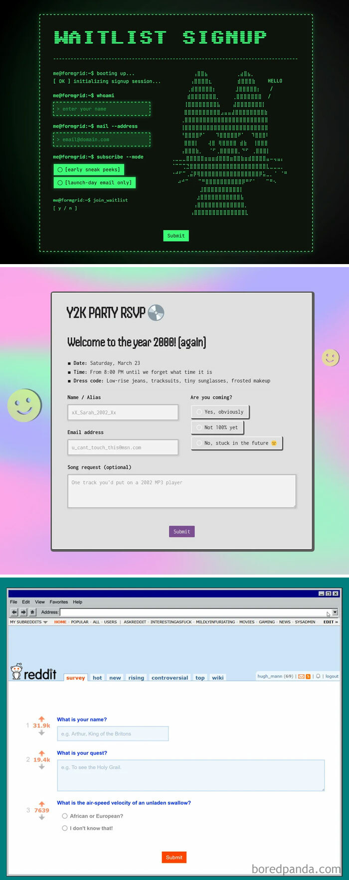 A chaotic collage of old internet interfaces including a green waitlist signup, a Y2K party RSVP, and an early Reddit survey page.