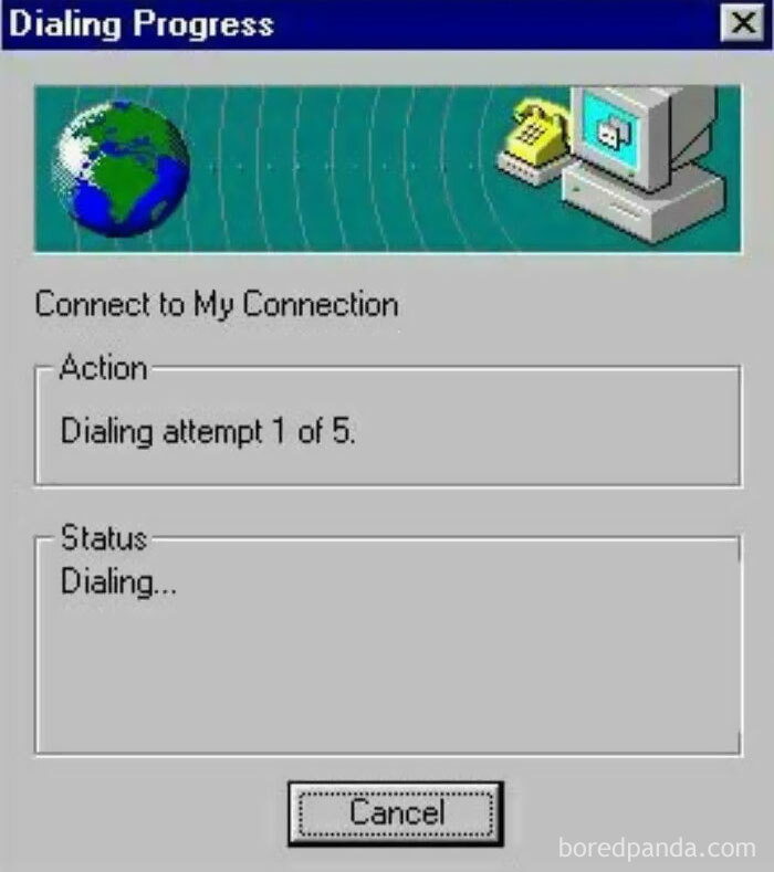 A Dialing Progress window from Windows, a common sight for old internet users connecting to the internet.