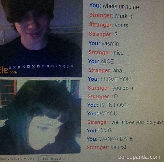 A blurry screenshot of an Omegle video chat and text conversation, reflecting the chaotic, old internet communication.
