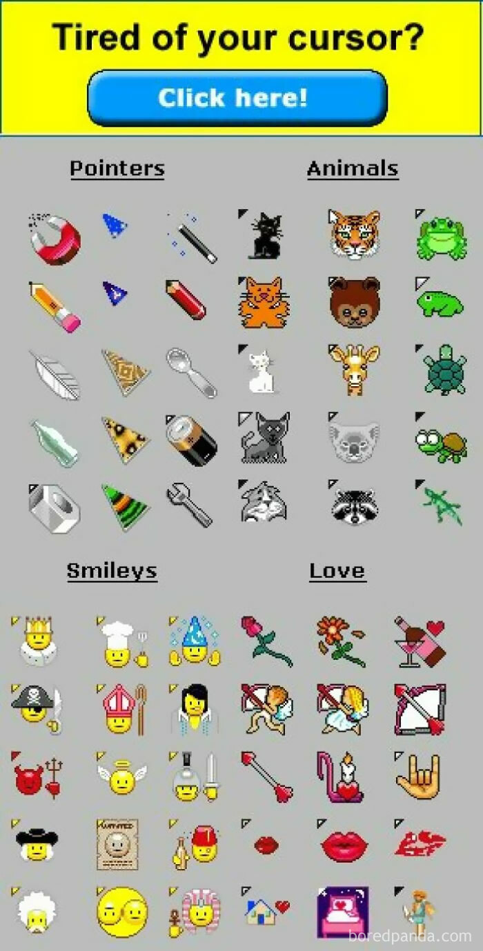 A chaotic old internet screenshot offering custom mouse cursors like pointers, animals, smileys, and love themes, a blast from the past.