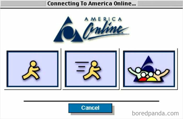 A screenshot showing the America Online (AOL) connection screen, a classic image of the old internet.