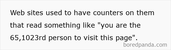 A screenshot showing text about old internet websites having visitor counters. Recalling chaotic pics of the old internet.