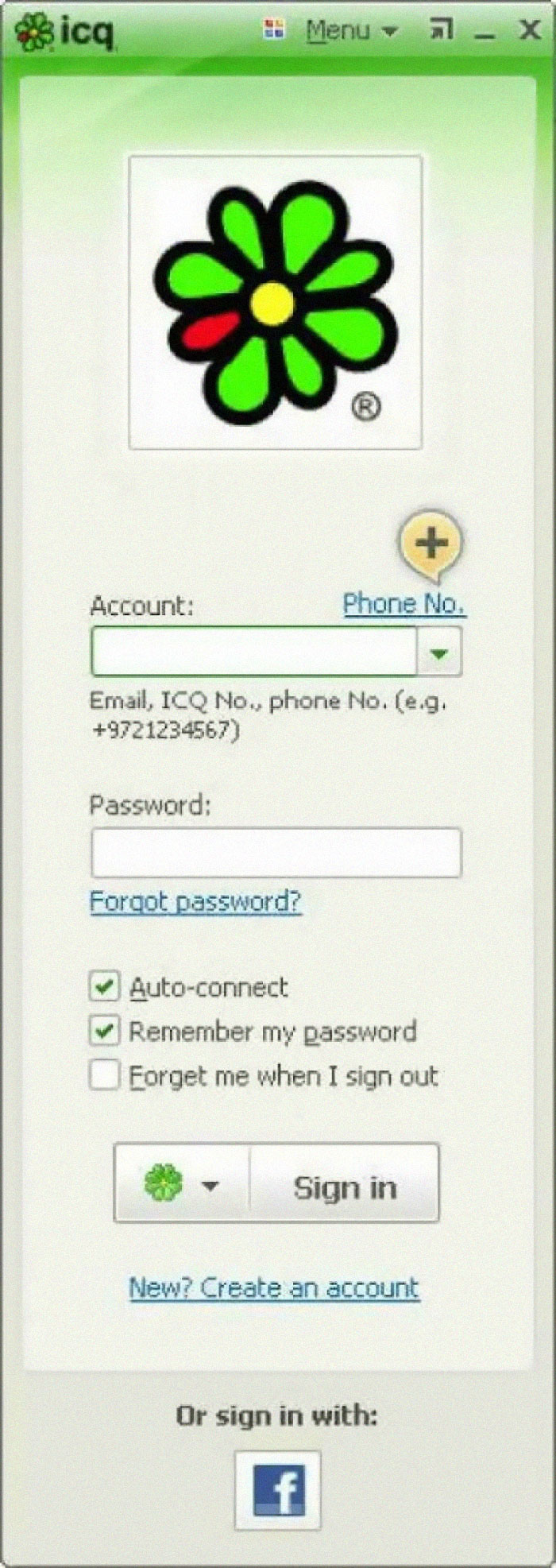 A screenshot of the old internet ICQ login screen, a nostalgic memory for kids who remember early messaging platforms.