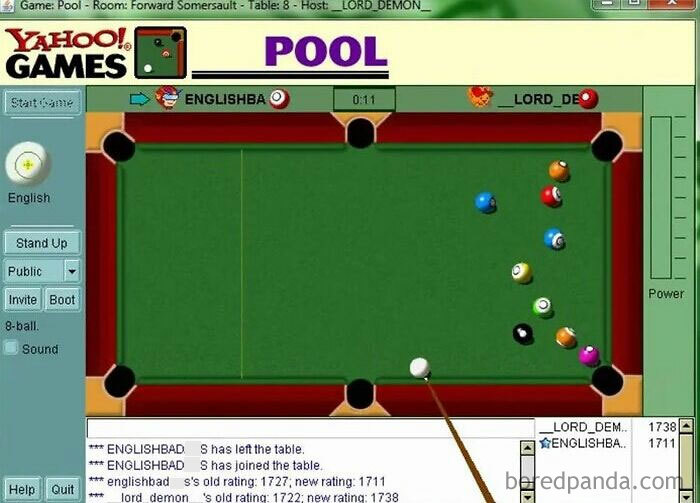 Screenshot of Yahoo! Games Pool, a popular online game from the old internet era.