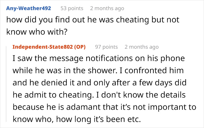 A screenshot of text about miscommunication, showing a user asking how cheating was discovered without knowing who.