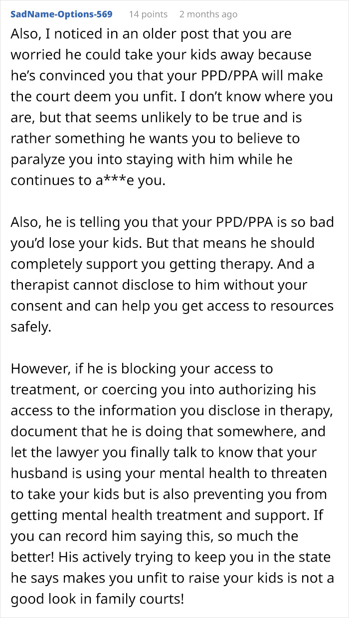 A screenshot of text about miscommunication, advising on the husband's threats to take kids due to mental health.