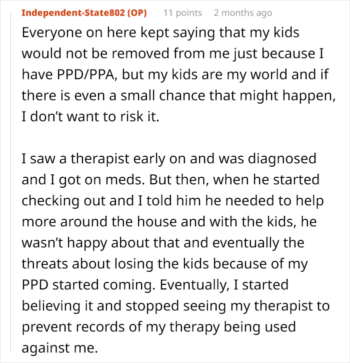 A screenshot from Reddit shows a wife discussing her fear of losing her kids due to PPD/PPA after a miscommunication.