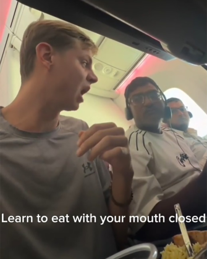 Passenger confronts a stranger for chewing with his mouth open on a plane, sparking a viral debate.