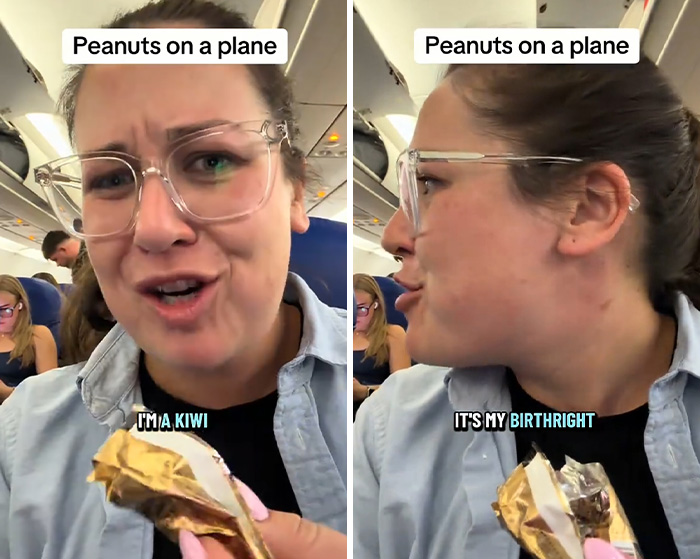 A split image of a passenger on a plane eating peanuts, declaring it her birthright to eat peanuts on plane. A split image of a passenger on a plane eating peanuts, declaring it her birthright to eat peanuts on plane.