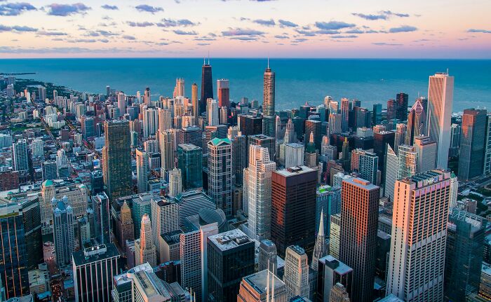 Chicago skyline at sunset, a scary science fact about cities.