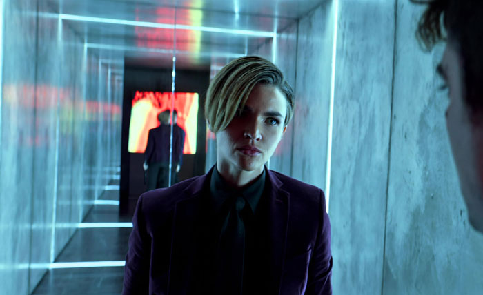 Ruby Rose in a purple suit, representing evolving identity and the term Almondsexual. Ruby Rose in a purple suit, representing evolving identity and the term Almondsexual.