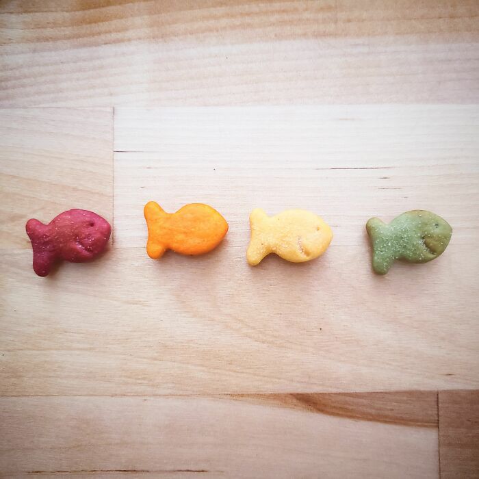 Four colorful fish-shaped crackers on a wooden surface, one of the scariest things they've had to witness.