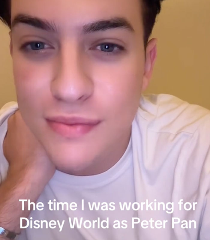 A person in a white shirt looking at the camera, with text about working as Peter Pan at Disney World.