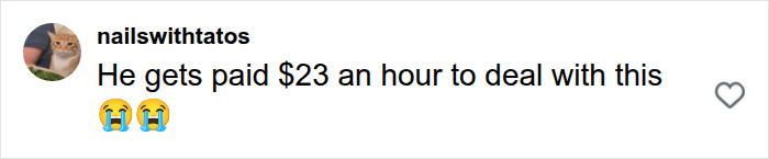 Screenshot of an Instagram comment from 'nailswithtatos' saying, 'He gets paid $23 an hour to deal with this,' with crying emojis. This shows the Peter Pan Girl backlash.