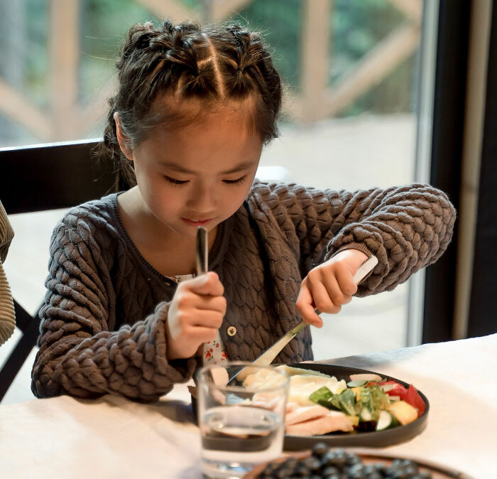 A child in France eating a well-balanced school lunch with a fork and knife, showcasing French school lunch. A child in France eating a well-balanced school lunch with a fork and knife, showcasing French school lunch.