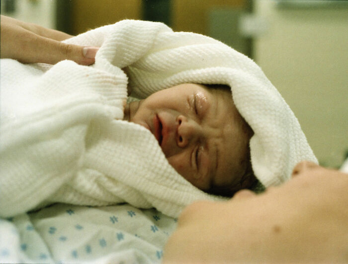 A newborn baby, saved by a surrogate mother, wrapped in a white towel, looking towards a person.