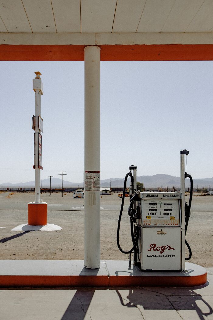 An old gas pump at Roy's Gasoline, a vintage scene that might surprise newcomers about America's past.