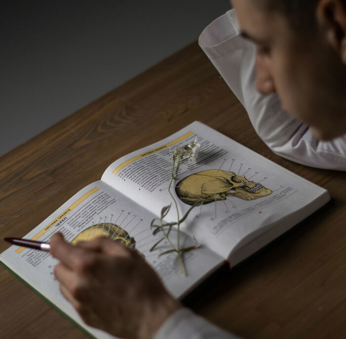 A student studying a biology textbook, relevant to the controversy about biology classes, queer, and trans people.