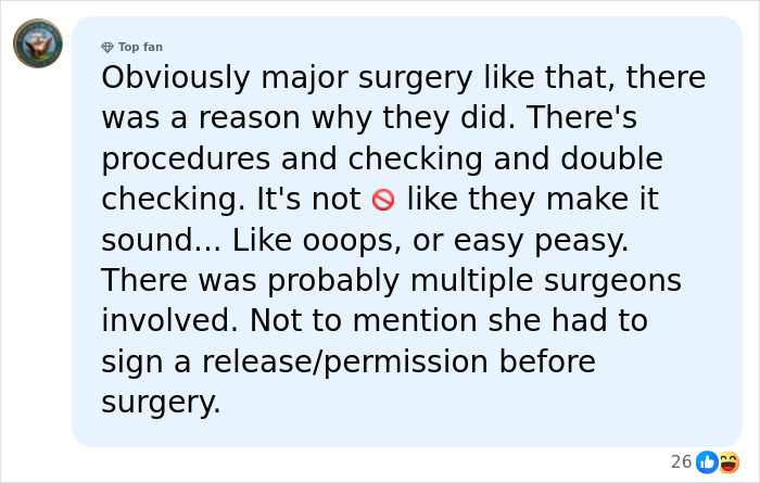 A social media comment discussing the complexities and procedures involved in a major surgery, after a woman had legs and hands amputated. A social media comment discussing the complexities and procedures involved in a major surgery, after a woman had legs and hands amputated.