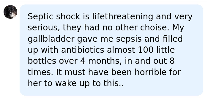 A social media comment explaining septic shock and the necessity of amputating legs and hands for survival. A social media comment explaining septic shock and the necessity of amputating legs and hands for survival.