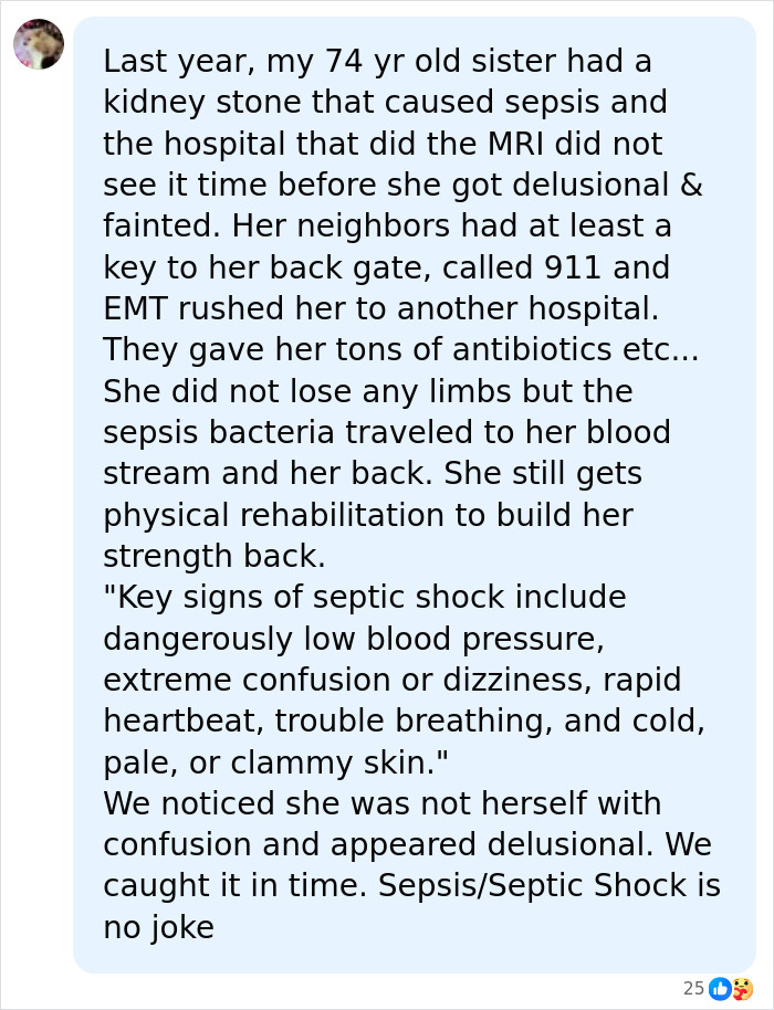 A detailed social media comment about a 74-year-old sister's battle with sepsis after routine surgery. A detailed social media comment about a 74-year-old sister's battle with sepsis after routine surgery.