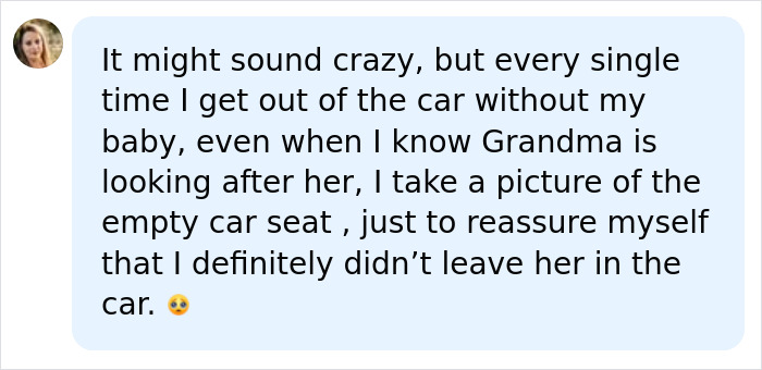 A social media comment about a parent checking for their baby in the car, highlighting hot car safety. A social media comment about a parent checking for their baby in the car, highlighting hot car safety.
