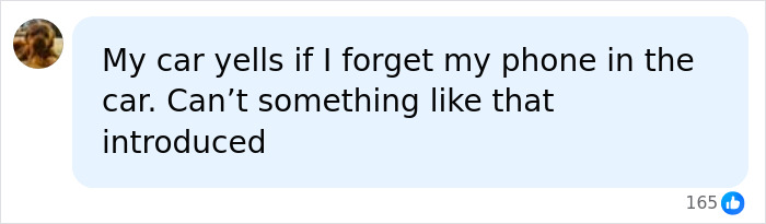 A social media comment suggesting car alerts for forgotten items, relating to a baby forgotten in hot car. A social media comment suggesting car alerts for forgotten items, relating to a baby forgotten in hot car.