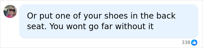 A social media comment suggesting putting a shoe in the back seat to remember a baby in a hot car. A social media comment suggesting putting a shoe in the back seat to remember a baby in a hot car.