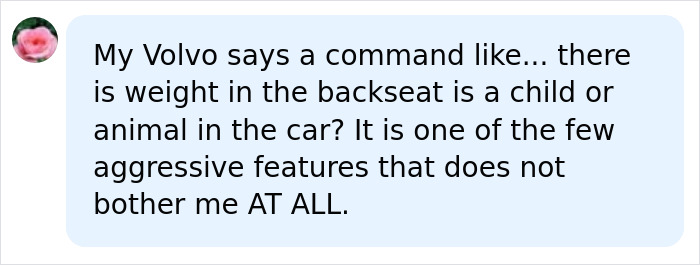 A comment praising a Volvo feature that alerts drivers to a child or animal in the car, preventing hot car incidents. A comment praising a Volvo feature that alerts drivers to a child or animal in the car, preventing hot car incidents.