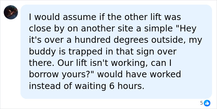 A social media comment suggesting a solution for the electrician stuck inside a 130ft high sign.
