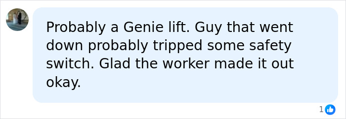 A social media comment discussing the electrician getting stuck inside a 130ft high sign and safety switches.