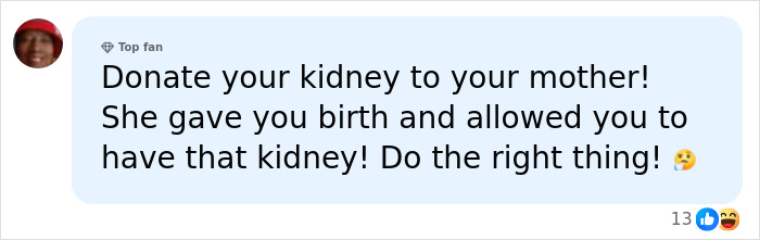 Screenshot of a social media comment urging John Gotti’s grandson to donate kidney to his mom. Screenshot of a social media comment urging John Gotti’s grandson to donate kidney to his mom.