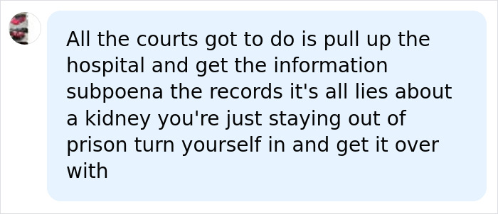 Screenshot of a social media comment accusing John Gotti’s grandson of lying about a kidney donation to avoid prison. Screenshot of a social media comment accusing John Gotti’s grandson of lying about a kidney donation to avoid prison.