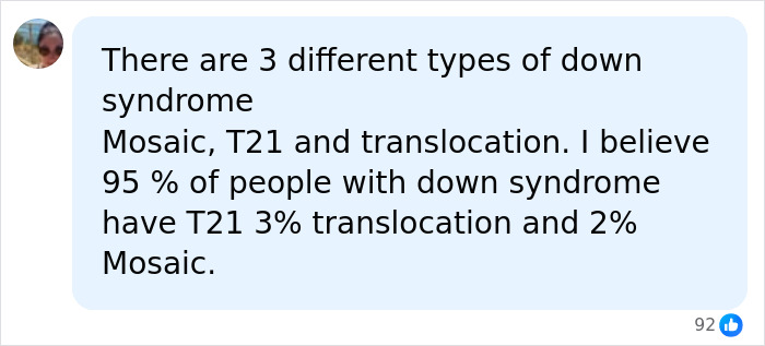 A social media post discussing the three types of Down Syndrome: Mosaic, T21, and translocation, and their prevalence. A social media post discussing the three types of Down Syndrome: Mosaic, T21, and translocation, and their prevalence.